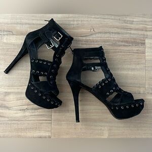 Stuart Weitzman black buckle suede rivet stiletto shoes in 6.5